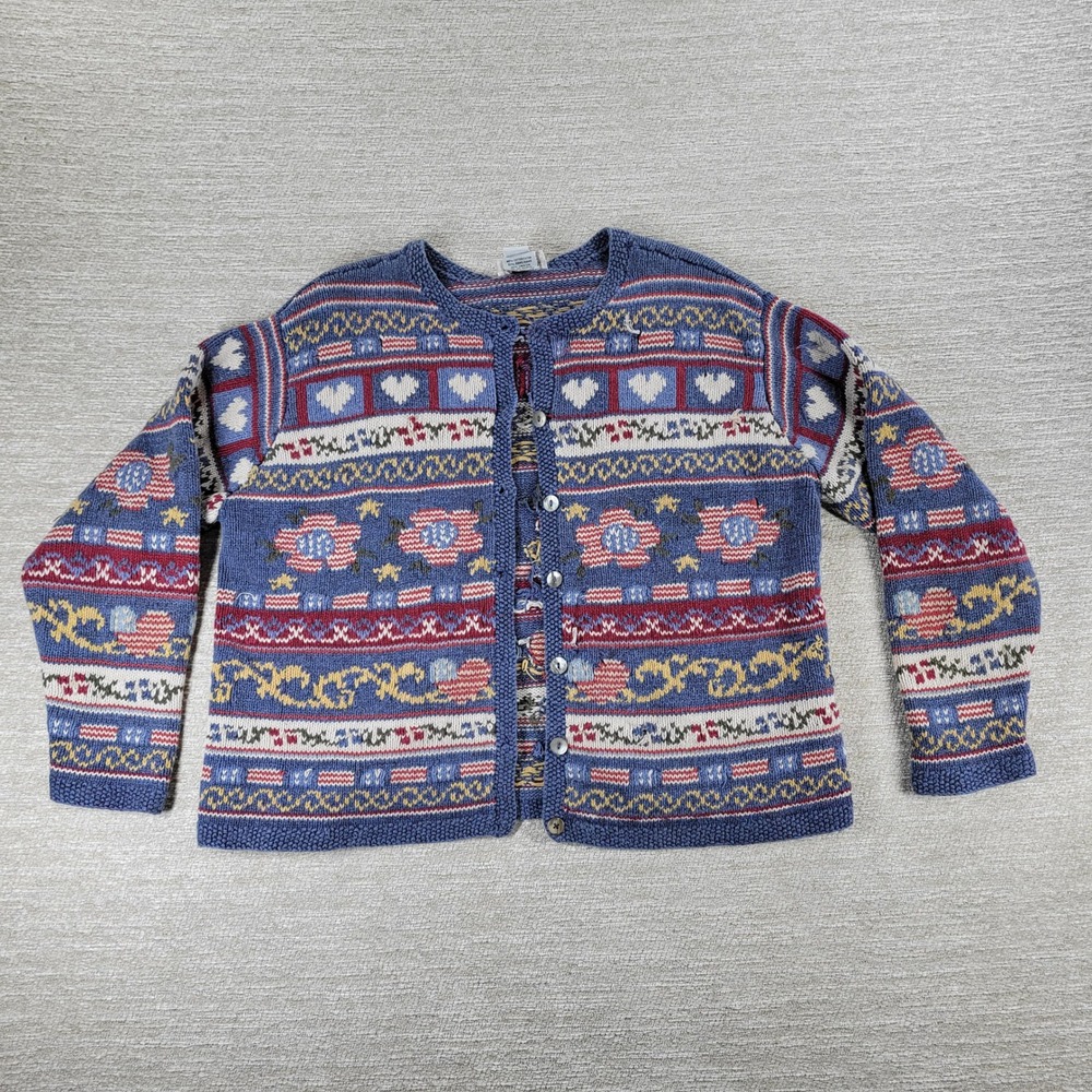 Talbots Hand Knit Patriotic Cardigan Sweater XL Blue Heart Fair Isle Linen Blend
